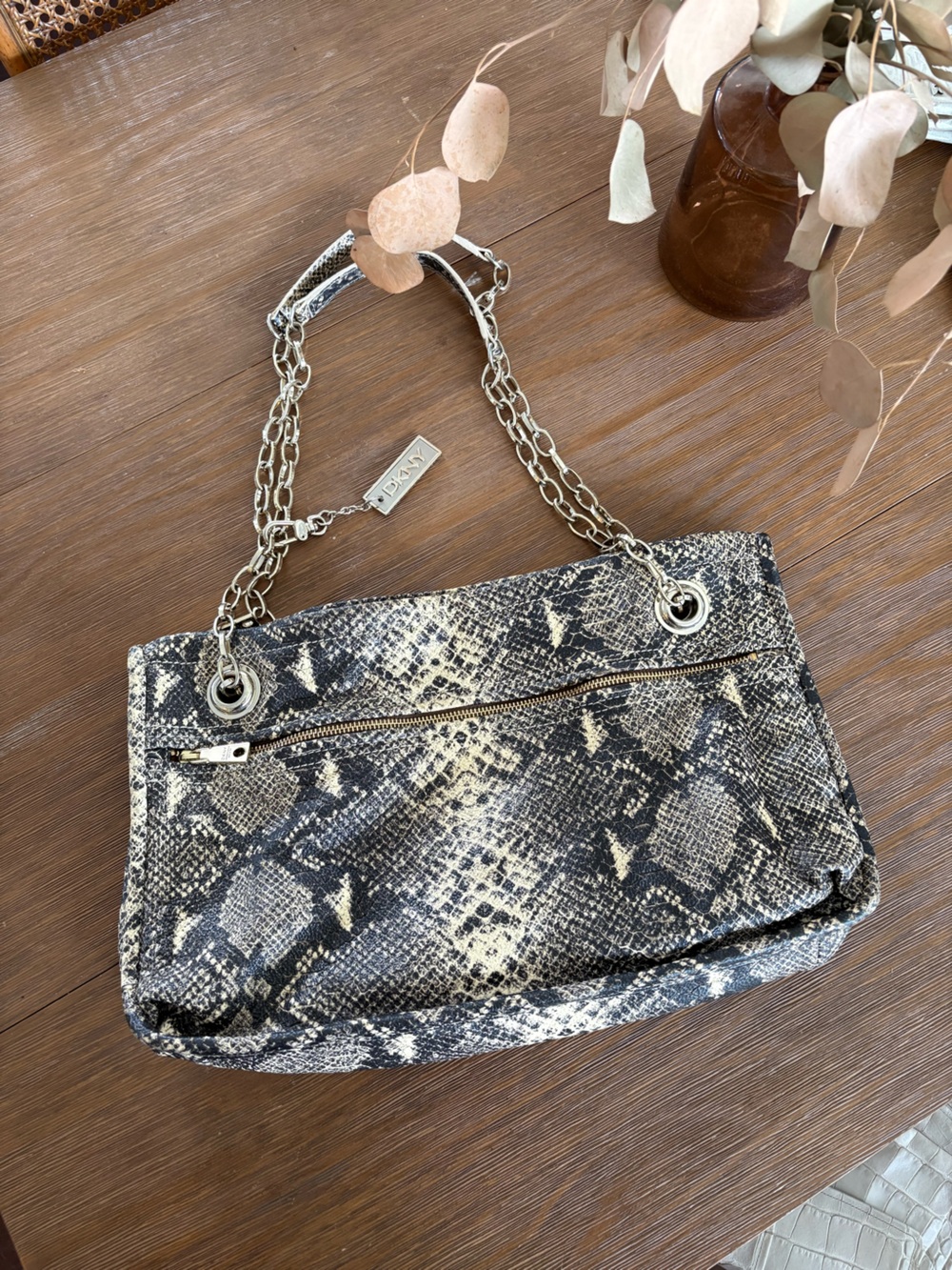 DKNY Black and Cream Snake-Print Chain Shoulder Bag